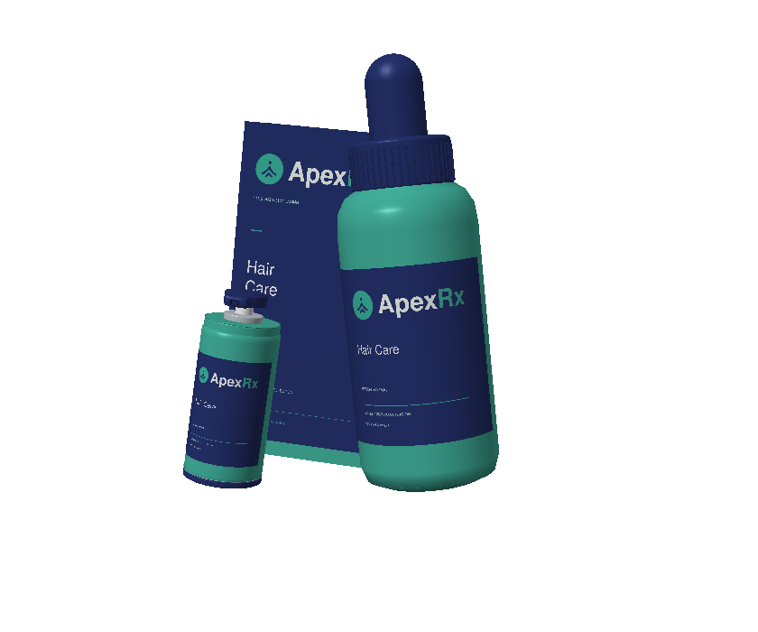 Dropper, topical dispenser and carton in illustrative navy and teal packaging