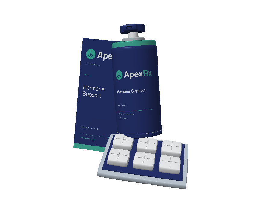 Topical dispenser, scored troche tray and carton in illustrative navy and teal packaging