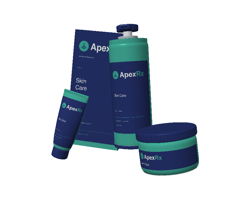 Airless pump, cream jar and topical tube in illustrative navy and teal packaging