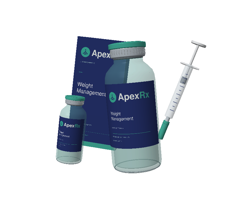 Vials, capped syringe and carton in illustrative navy and teal packaging
