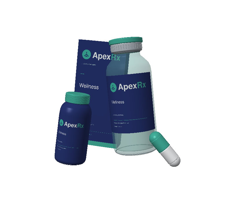 Compounding vial, capsule packaging and carton in illustrative navy and teal packaging